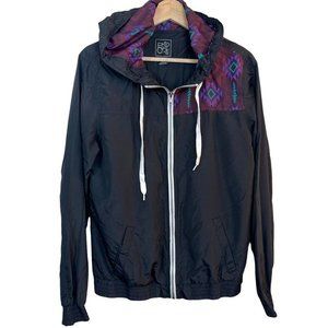 Empyre Womens Hooded Windbreaker Jacket Black Aztec Drawstring Pockets Vintage L